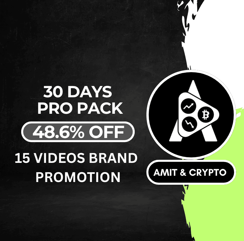 Amit & Crypto YouTube channel offering 30-day pro pack with 15 video promotions at 48.6% off