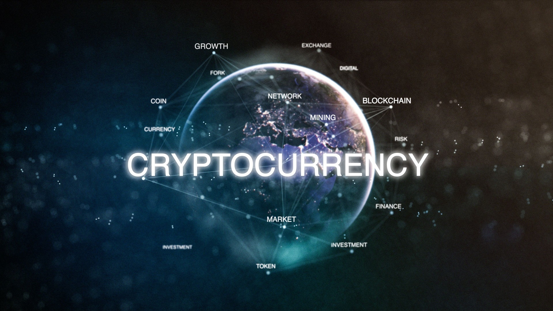 Technology earth from space word set with cryptocurrency in focus. Futuristic bitcoin crypto currency oriented words cloud 3D illustration. Crypto e-business keywords concept